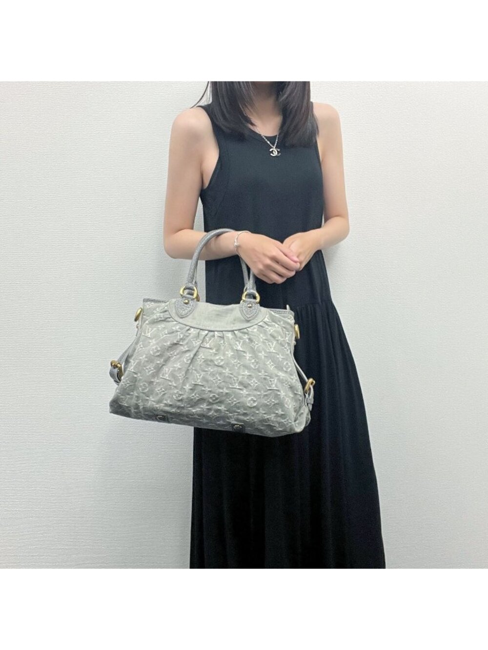 Louis Vuitton Monogram Denim Neo Cabby MM Handbag Gray Gold Vintage
